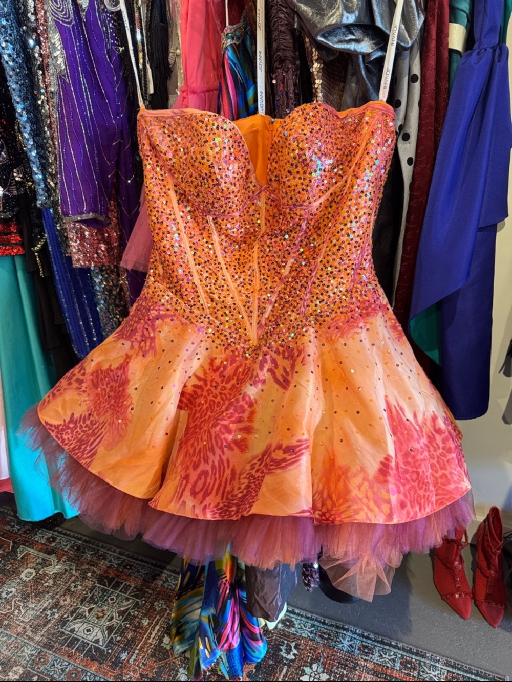Girls Jovani Orange & Pink Leopard Sequin Strapless Party Dress